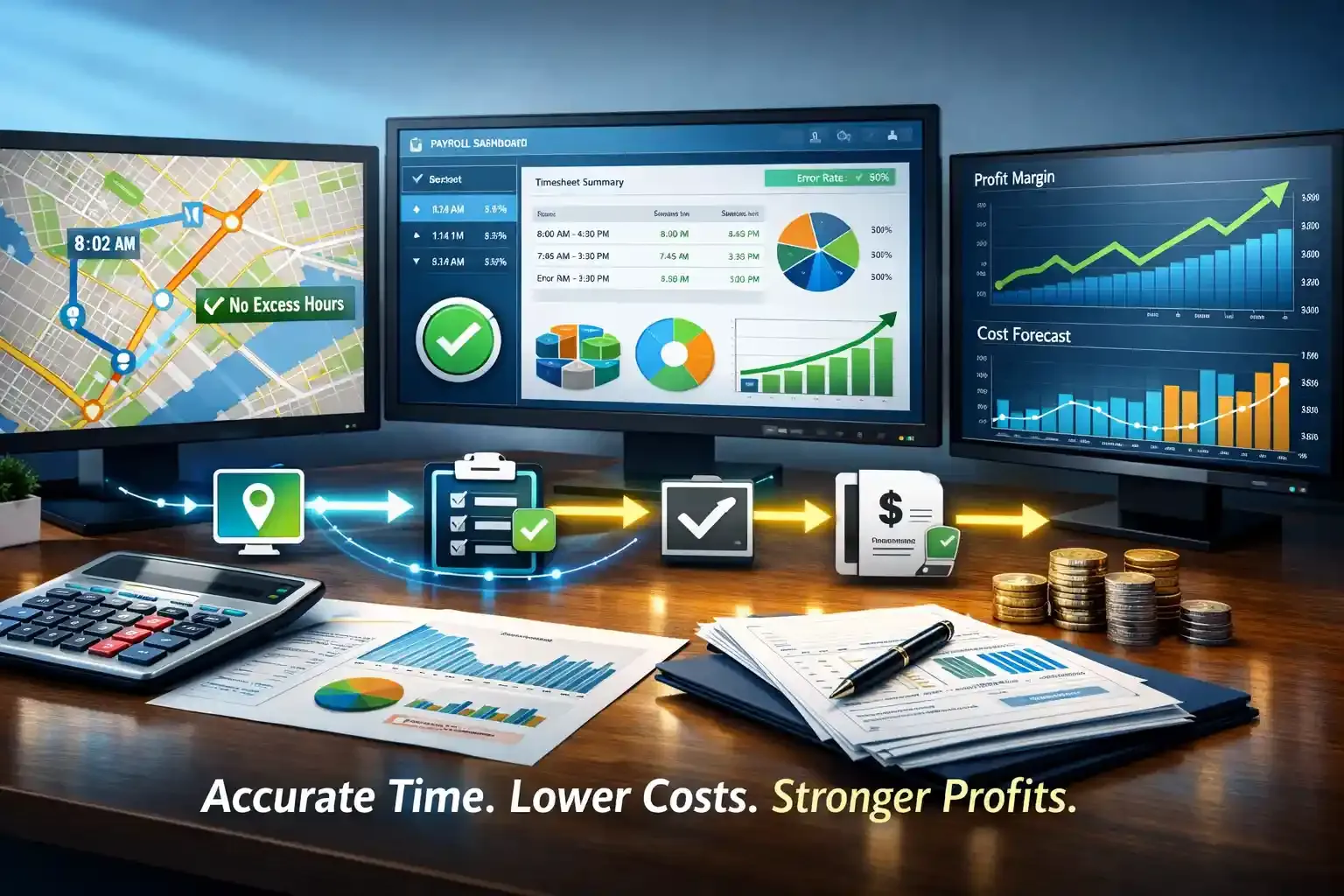Modern office screens showing GPS tracking, payroll data, and profit growth